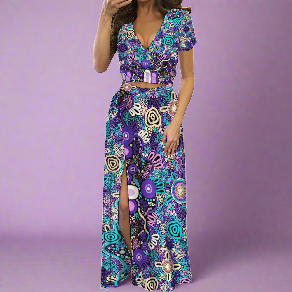 Custom Women's Two Piece Outfit V-Neck Top and Long Skirt Set