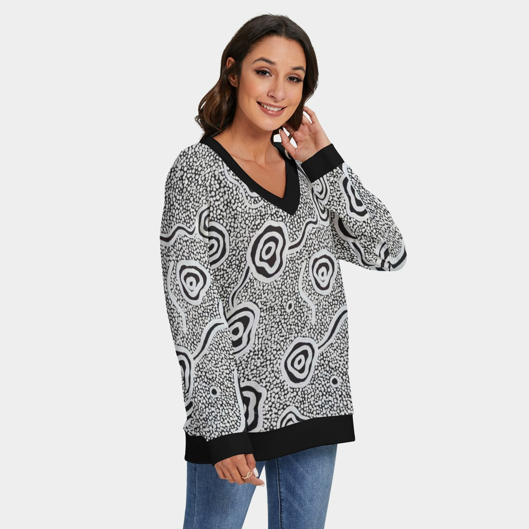 Women's V-neck Imitation Knitted Sweater With Long Sleeve - Walkaboutgirl 