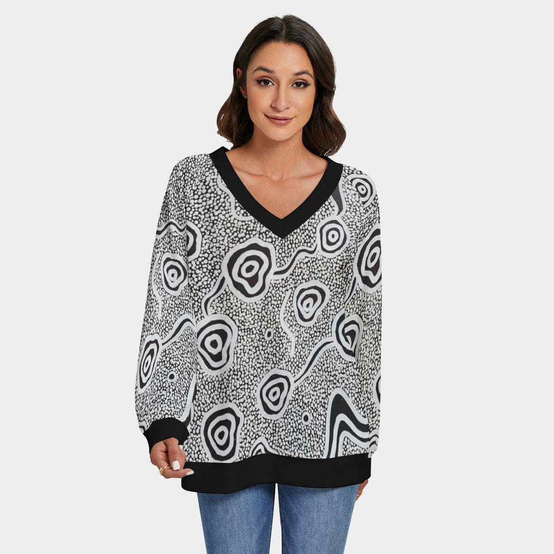 Women's V-neck Imitation Knitted Sweater With Long Sleeve - Walkaboutgirl 