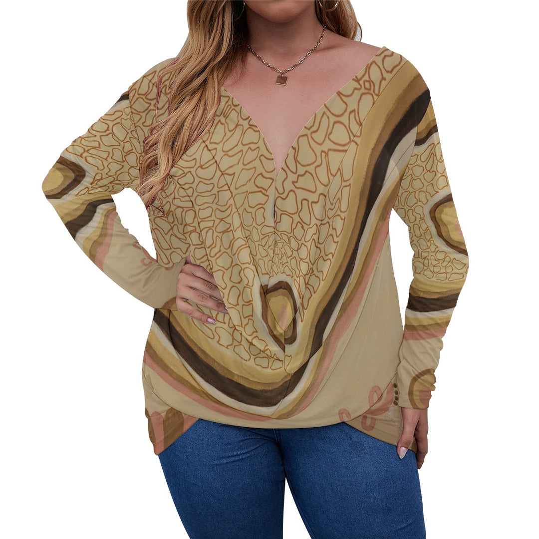 Plus-Size Longline V-neck T-shirt with Draped Styling and Long Sleeves" - Walkaboutgirl 