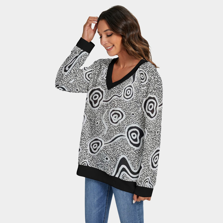 Women's V-neck Imitation Knitted Sweater With Long Sleeve - Walkaboutgirl 