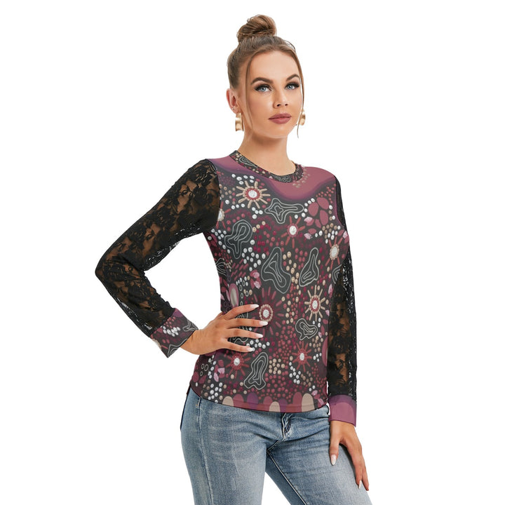 All-Over Print Women's T-shirt And Sleeve With Black Lace - Walkaboutgirl 