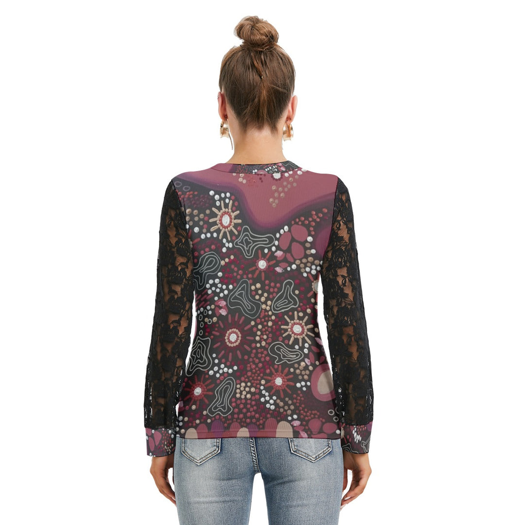 All-Over Print Women's T-shirt And Sleeve With Black Lace - Walkaboutgirl 