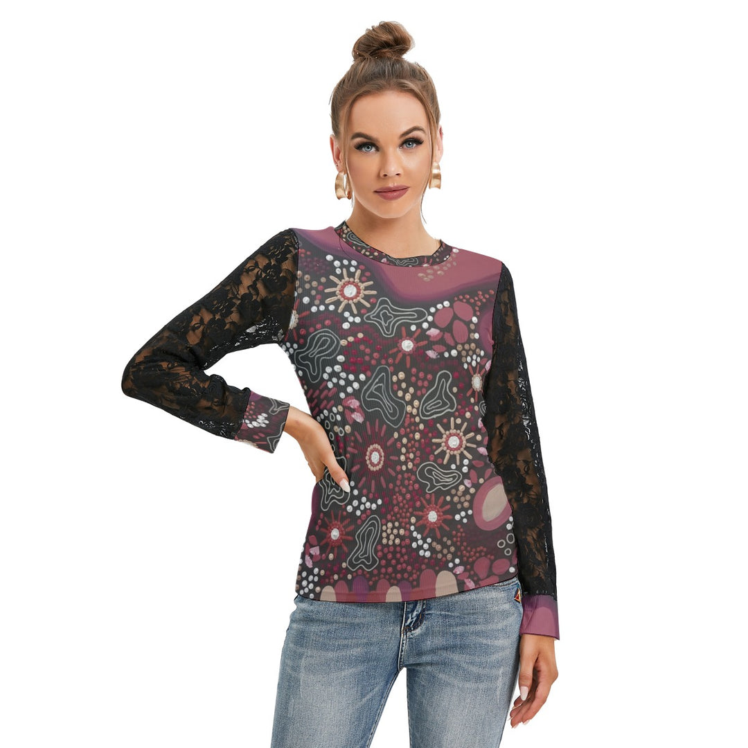 All-Over Print Women's T-shirt And Sleeve With Black Lace - Walkaboutgirl 